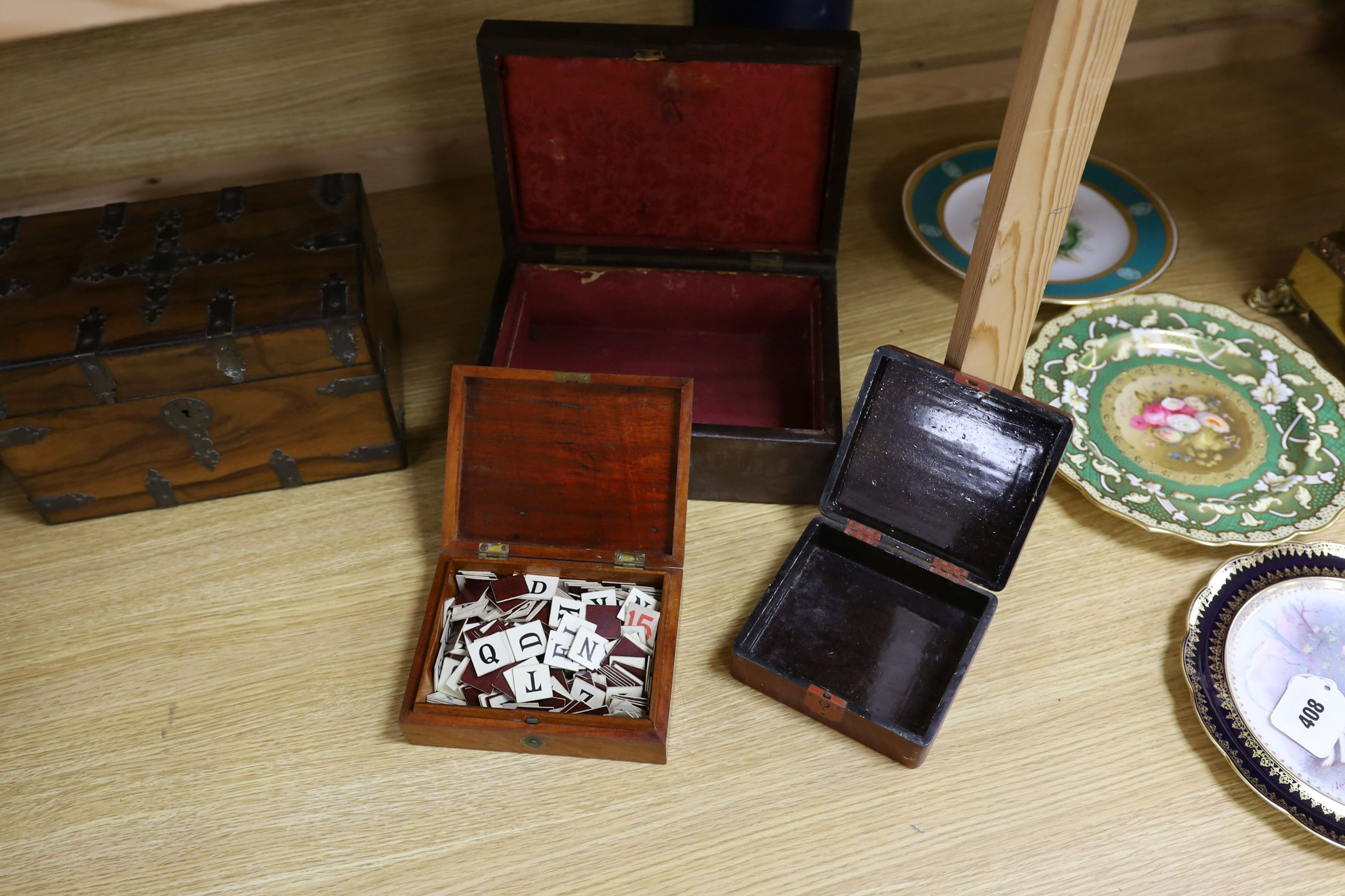 A Victorian Walnut and brass strap mounted tea caddy together with two caskets and five other boxes (8)